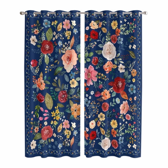 Navy Blue Flowers Kitchen Curtains 96 Inch Length, Spring Vintage Floral Leaves Farmhouse Grommet Top Bedroom Living Room Curtains, Light Filtering Cafe Curtain Drapes 2 Panels Set 104''x96''