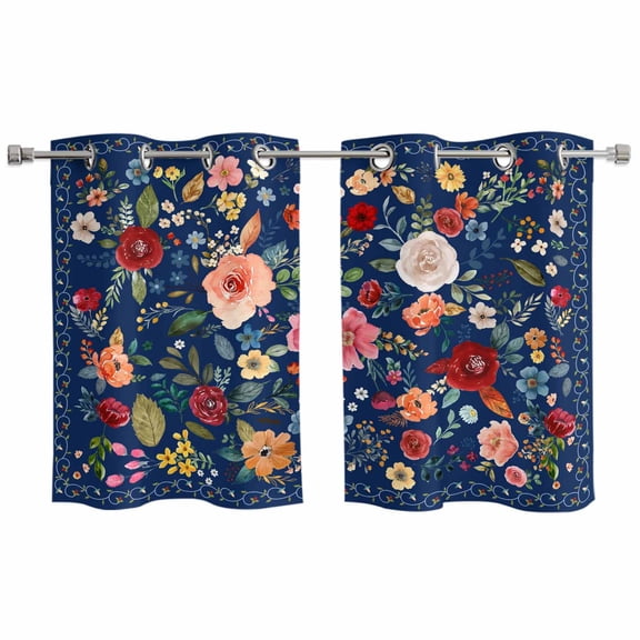 Navy Blue Flowers Kitchen Curtains Small Short 39 Inch Length, Spring Vintage Floral Leaves Farmhouse Grommet Bedroom Living Room Curtains, Light Filtering Cafe Curtain Drapes 2 Panels Set 55''x39''