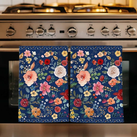 Navy Blue Flowers Kitchen Towels Set of 4, Spring Vintage Floral Leaves Farmhouse Absorbent Dish Towels for Kitchen, Microfiber Hand Towel, Quick Drying Tea Towel for Cleaning Decorative Dishcloths