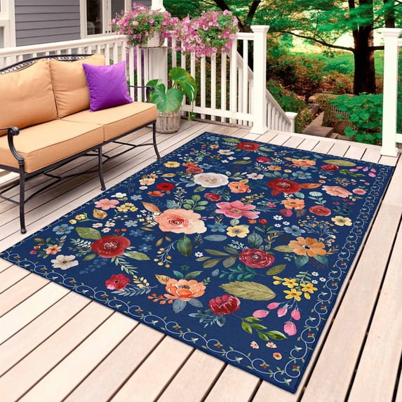 Navy Blue Flowers Outdoor Rug 4x6 Ft, Non Slip Washable Area Rug, Spring Vintage Floral Leaves Farmhouse Patio Rugs Carpet Runner, Large Floor Mat for Indoor/Outdoor Deck Porch Camping