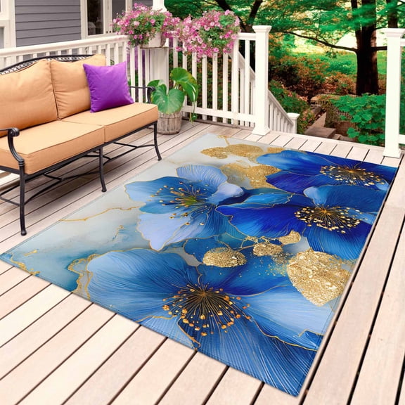 Navy Blue Flowers Outdoor Rug for Patio/Deck/Porch, Non-Slip Large Area Rug 4 x 6 Ft, Retro Elegant Botanical Floral Blossom Indoor Outdoor Rugs Washable Area Rugs, Camping Rug Carpet Runner