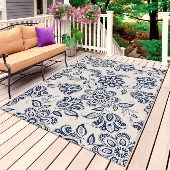 Navy Blue Flowers Outdoor Rug for Patio/Deck/Porch, Non-Slip Large Area Rug 4 x 6 Ft, Retro Ethnic Floral Pastoral Art Indoor Outdoor Rugs Washable Area Rugs, Reversible Camping Rug Carpet Runner