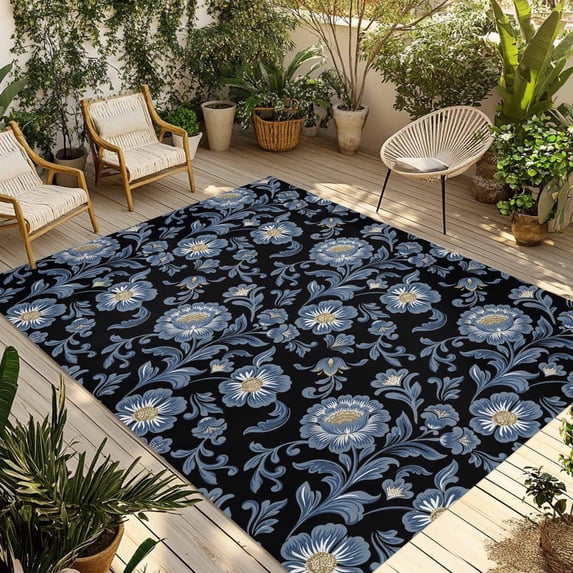 Navy Blue Flowers Outdoor Rug for Patio/Deck/Porch, Non-Slip Large Area Rug 4 x 6 Ft, Spring Floral Elegant Pastoral Indoor Outdoor Rugs Washable Area Rugs, Reversible Camping Rug Carpet Runner