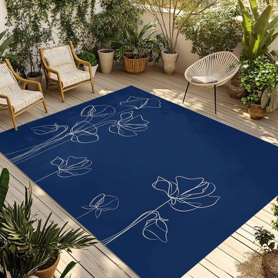 Navy Blue Flowers Outdoor Rug for Patio/Deck/Porch, Non-Slip Large Area Rug 5 x 8 Ft, Rustic Abstract Floral Simple Art Indoor Outdoor Rugs Washable Area Rugs, Reversible Camping Rug Carpet Runner