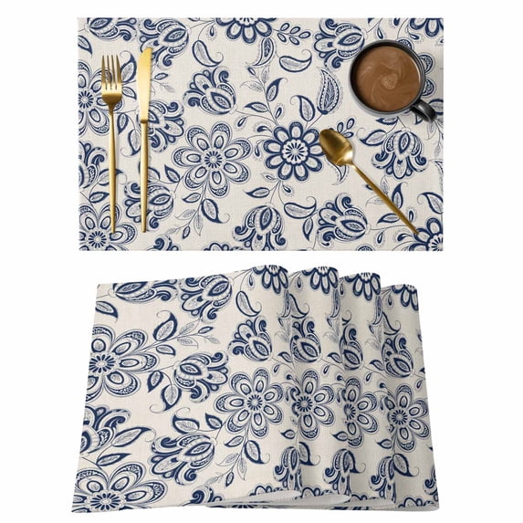 Navy Blue Flowers Placemats Set of 4, Retro Ethnic Floral Pastoral Art Placemats for Dining Table, Place Mats for Kitchen Tabletop, Waterproof Wipeable Dining Table Mats Set