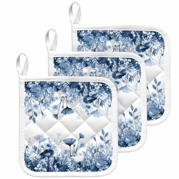 Navy Blue Flowers Pot Holders for Kitchen Heatproof Potholder, 3 Pack Summer Pastoral Botanical Hot Pads Multipurpose Oven Pads Cloth Potholders Trivet for Cooking Baking