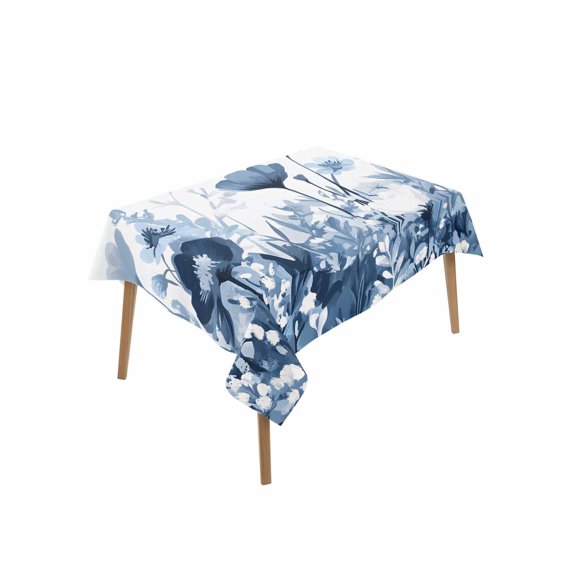 Navy Blue Flowers Rectangle Tablecloth, Summer Pastoral Botanical Waterproof & StainResistant Tablecloth, Washable Oil-proof Table Cover for Dining/Party/Wedding/Camping/Buffet 52x70 In