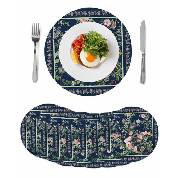 Navy Blue Flowers Round 13 Inch Placemats Set of 8, Spring Floral Elegant Pastoral Botanical HeatResistant Non Slip Place Mats for Dining Table, Wipeable Braided Kitchen Table Mats for Housewarming
