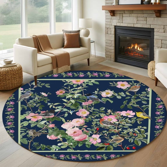 Navy Blue Flowers Round Area Rug 8Ft Washable Large Circle Rugs for Living Room Dorm, Spring Floral Elegant Pastoral Botanical Non-Slip Carpet Floor Mats Indoor Outdoor Carpet Runner Home Decor