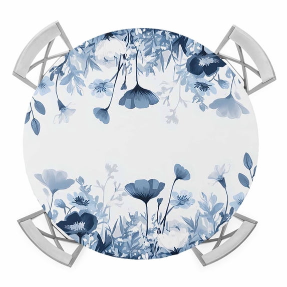 Navy Blue Flowers Round Tablecloth for 36-44 Inch Tables, Fitted Table Cover with Elastic Edge, Summer Pastoral Botanical Waterproof Outdoor Table Cloth Protector for Patio Garden Dinner Picnic
