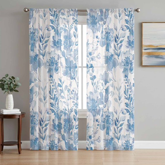 Navy Blue Flowers Sheer Curtains 108 Inch Length 2 Panels Set, Watercolor Summer Botanical Floral Voile Window Treatment Semi Sheer Long Curtains Drapes for Bedroom/Living Room/Kitchen 52"x108"x2