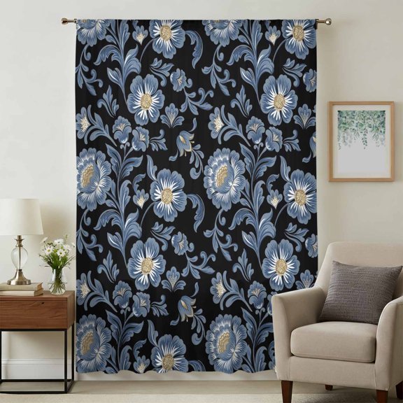 Navy Blue Flowers Sheer Curtains 45 Inches Long for Bedroom, Spring Floral Elegant Pastoral Light Filtering Privacy Drapes, Breathable Semi Sheer Short Window Treatment for Kitchen Cafe Bathroom