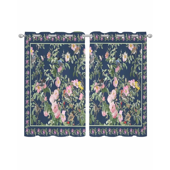 Navy Blue Flowers Sheer Curtains 54 Inch Length 2 Panels Set for Living Room/Bedroom, Spring Floral Elegant Pastoral Botanical Kitchen Curtains Grommet Semi-Sheer Curtains Window Treatments 42"x54"x2