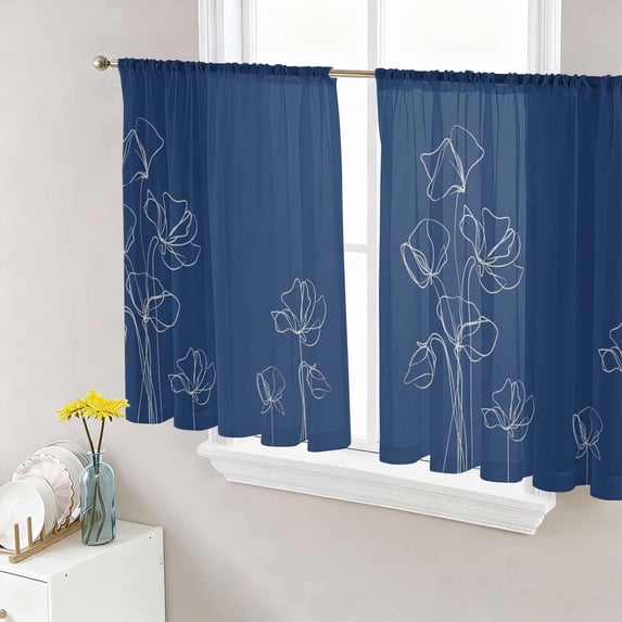 Navy Blue Flowers Sheer Curtains 54 Inch Length 2 Panels Set, Rustic Abstract Floral Simple Art Voile Window Treatment Rod Pocket Short Kitchen Curtains Drapes for Bedroom 52"x54"x2