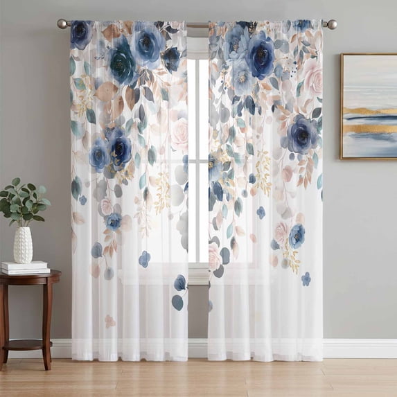 Navy Blue Flowers Sheer Curtains 63 Inch Length 2 Panels Set, Spring Floral Elegant Pastoral Watercolor Voile Window Treatment Curtains Sheers Drapes for Bedroom/Living Room/Kitchen 52x"63"x2