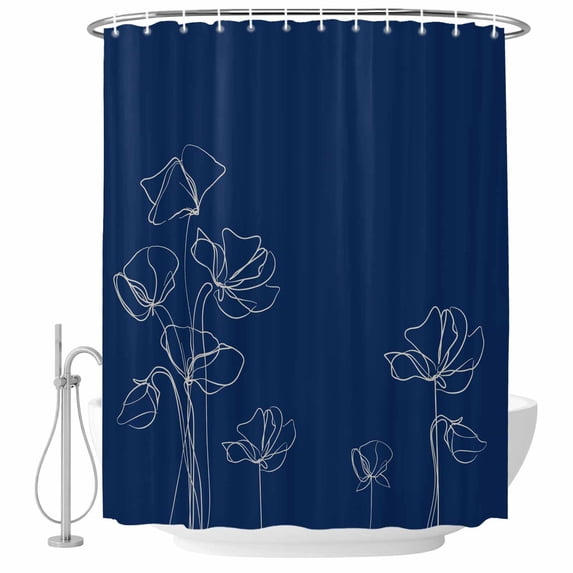 Navy Blue Flowers Shower Curtain, Waterproof Shower Curtains for Bathroom, Rustic Abstract Floral Simple Art Washable Fabric Bathtub Curtain Set Bath Decor with 12 Hooks Standard 72"x72"