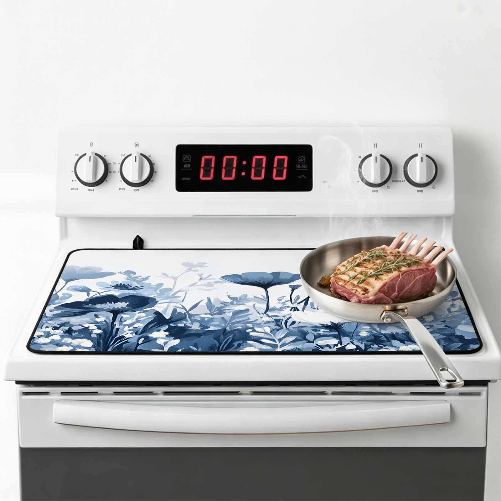 Navy Blue Flowers Stove Top Cover for Electric Stove, Heat-proof & Non Slip Glass Top Stove Cover Protector, Summer Pastoral Botanical Kitchen Flat Cooktop Rubber Mat 24x21 Inches