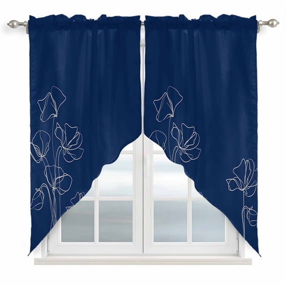 Navy Blue Flowers Swag Valances for Windows, Kitchen Window Curtains Over Sink, Rustic Abstract Floral Simple Art Window Treatment Curtains for Living Room/Bedroom Curtains 2 Panel Sets 36"x45"