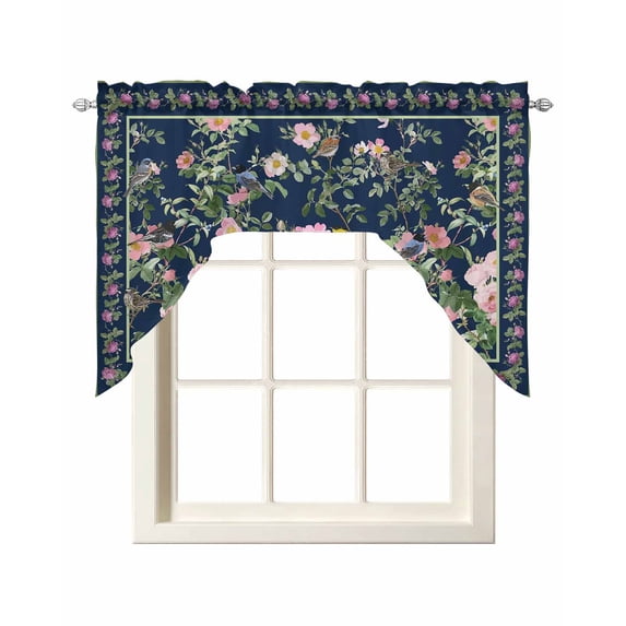 Navy Blue Flowers Swag Valances for Windows, Small Curtains Drapes, Spring Floral Elegant Pastoral Botanical Kitchen Window Curtains Over Sink Window Treatment Valance for Bedroom/Bathroom 56"x36"