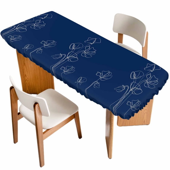 Navy Blue Flowers Table Cloths for 8 Foot Rectangle Tables, Rustic Abstract Floral Simple Art Patio Waterproof Elastic Fitted Tablecloths, Washable Rectangular Table Cover for Camping