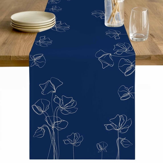 Navy Blue Flowers Table Runner - 120 Inch Long Rustic Abstract Floral Simple Art Cotton and Linen Blended Dress Scarves Farmhouse Table Runner for Kitchen Dining, Coffee Table, 13" x 120"