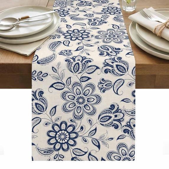 Navy Blue Flowers Table Runner - 48 Inch Long, Kitchen Dining Table Runner Dresser Scarves, Retro Ethnic Floral Pastoral Art Farmhouse Decor for Coffee Tables Wedding Party Banquet