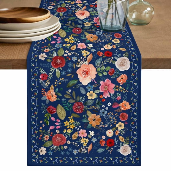 Navy Blue Flowers Table Runner 48 Inches, Spring Vintage Floral Leaves Farmhouse Bed Runner Dresser Scarves Tabletop for Indoor Outdoor Parties/Ceremony/Banquet, 13" x 48"