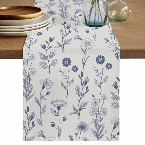 Navy Blue Flowers Table Runner 72 Inches, Spring Summer Farmhouse Botanical Bed Runner Dresser Scarves Tabletop for Indoor Outdoor Parties/Ceremony/Banquet, 16" x 72"