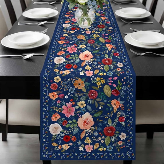 Navy Blue Flowers Table Runner 90 Inches Long, Spring Vintage Floral Leaves Farmhouse Kitchen Coffee Dining Table Decoration for Home Party Birthday Wedding Home Decor 13x90 Inches