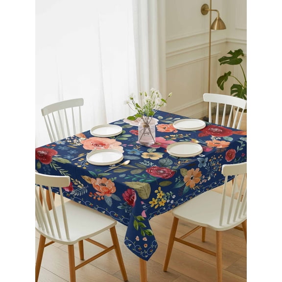 Navy Blue Flowers Tablecloth Rectangle Table Cloth 60x84, Waterproof Tablecloth Outdoor Table Cloth, Spring Vintage Floral Leaves Farmhouse Washable Table Cover for Kitchen Dinning Party
