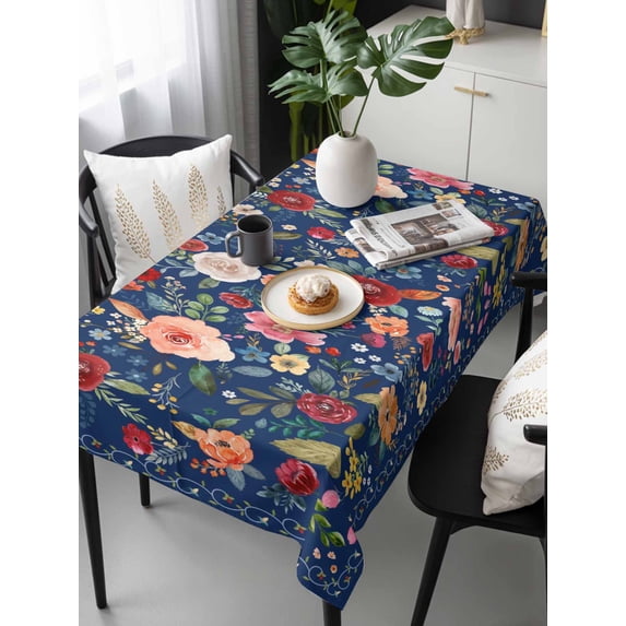 Navy Blue Flowers Tablecloth Rectangle Table Cloths 54x108, Waterproof Tablecloth Outdoor Table Cloth, Spring Vintage Floral Leaves Farmhouse Washable Table Cover for Kitchen Dinning Party