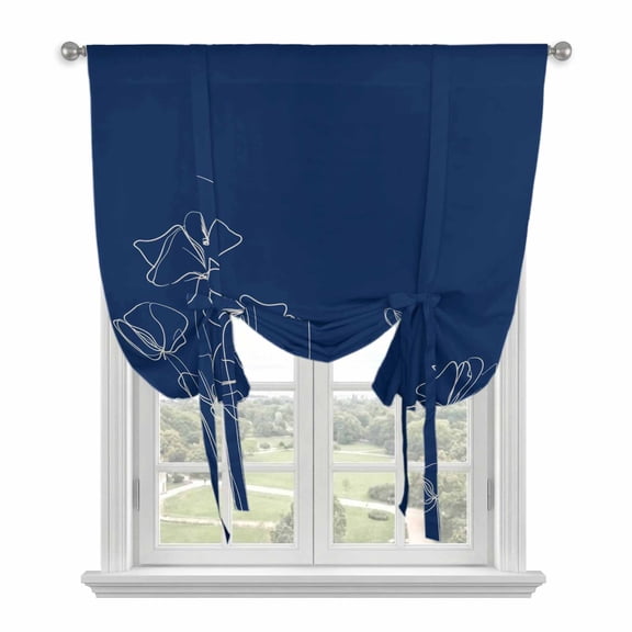 Navy Blue Flowers Tie Up Curtains 45 Inches Long, Kitchen Window Curtains Over Sink, Rustic Abstract Floral Simple Art Small Window Curtains Shade Balloon Curtains Valances for Bedroom/Cafe 34"x45"