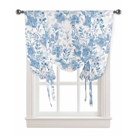 Navy Blue Flowers Tie Up Curtains for Kitchen Bathroom Bedroom Windows 45 Inch Length, Watercolor Summer Botanical Floral Balloon Drape Curtains Shade Rod Pocket Drapery Curtain Panel, 42"x54"