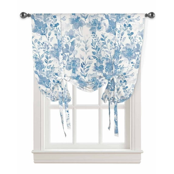 Navy Blue Flowers Tie Up Curtains for Kitchen Bathroom Bedroom Windows 63 Inch Length, Watercolor Summer Botanical Floral Balloon Drape Curtains Shade Rod Pocket Drapery Curtain Panel, 52"x63"
