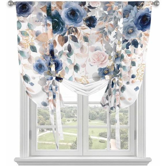 Navy Blue Flowers Tie Up Curtains for Kitchen Living Room, Thermal Insulated Adjustable Tie Up Shade Rod Pocket Panel for Small Window, Spring Floral Elegant Pastoral Watercolor 42"W x 63"L