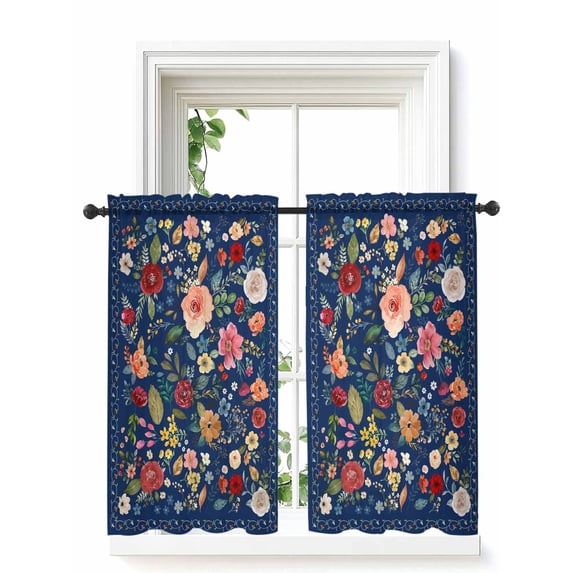 Navy Blue Flowers Tier Curtains 45 Inch Length,Sheer Curtains for Bedroom Living Room Window Spring Vintage Floral Leaves Farmhouse Small Half Window Kitchen Curtains & Drapes 27.5"x45" 2 Panels
