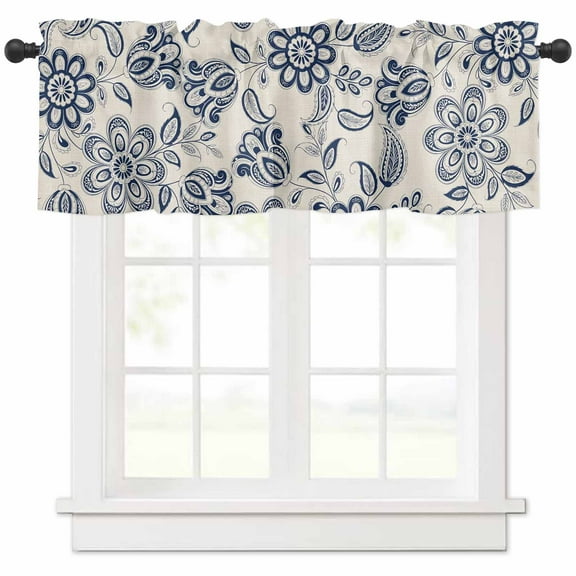 Navy Blue Flowers Valances for Windows Farmhouse Kitchen Curtains Valances Rod Pocket Valance Curtains for Kitchen Windows Retro Ethnic Floral Pastoral Art Window Valances for Bathroom 42"x18"