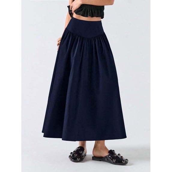 Navy Blue Flowing A-Line Midi Skirt For Women, Elastic Waist Casual Summer Skirt