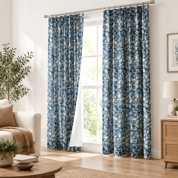 Navy Blue Flpinch Pleat Light Filtering Curta Linen Pleated Lined Drapes Tab Hooks For Living Room Bedroom Vine Botanical Jacobean