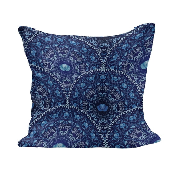 Navy Blue Fluffy Throw Pillow Cushion Cover, Circular and Floral Alike Oriental Style Patterned Design Art, Decorative Square Accent Pillow Case, 40" x 40", Navy Blue White and Blue, by Ambesonne