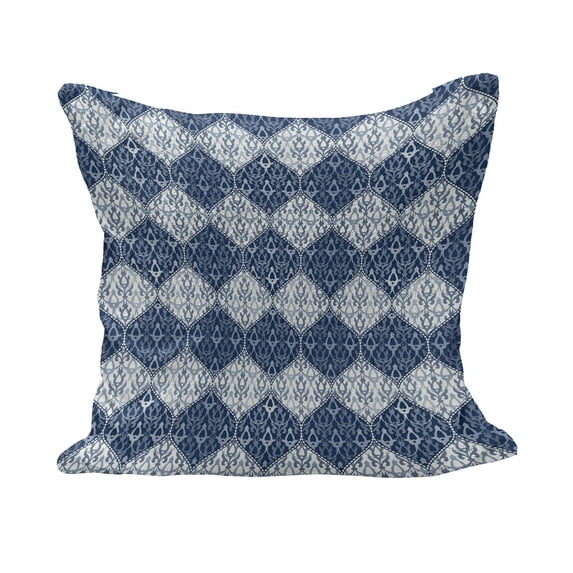 Navy Blue Fluffy Throw Pillow Cushion Cover, Oriental Pattern in Patchwork Horizontal Design Eastern, Decorative Square Accent Pillow Case, 16" x 16", Pale Blue Dark Blue, by Ambesonne