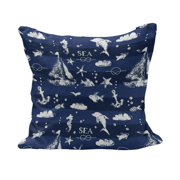Navy Blue Fluffy Throw Pillow Cushion Cover, Sailboat Vertical Stripe Pattern Anchor Fishes Gulls Paint Effect Nautical Theme, Rectangle Accent Pillow Case, 26" x 16", Blue White, by Ambesonne