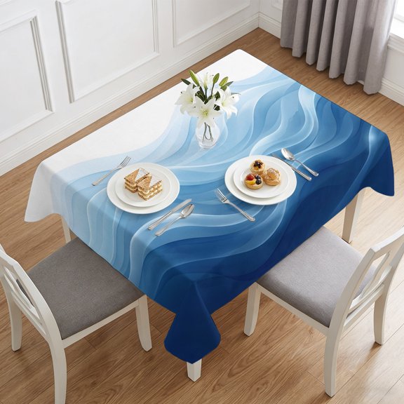 Navy Blue Fluid Waves Table Cloth 60x84in, Waterproof Rectangle Tablecloth Wipeable Tablecloths Minimalist Gradient Layered Table Covers for Dining Tables Party Indoor Outdoor