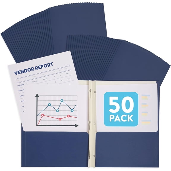 Navy Blue Folders with Prongs, Two Pocket 3 Brad Folder, Paper, 50 Pack