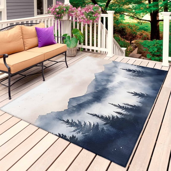 Navy Blue Forest Outdoor Rug for Patio/Deck/Porch, Non-Slip Large Area Rug 4 x 6 Ft, Farmhouse Mountain Landscape Indoor Outdoor Rugs Washable Area Rugs, Reversible Camping Rug Carpet Runner