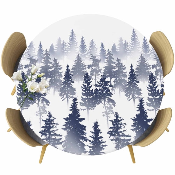 Navy Blue Forest Round Tablecloth 45-54 Inch Round Fitted Table Cloth with Elastic Edge, Contemporary Silhouette Abstract Art Waterproof Table Cover Protector for Outdoor Picnic Party Dining