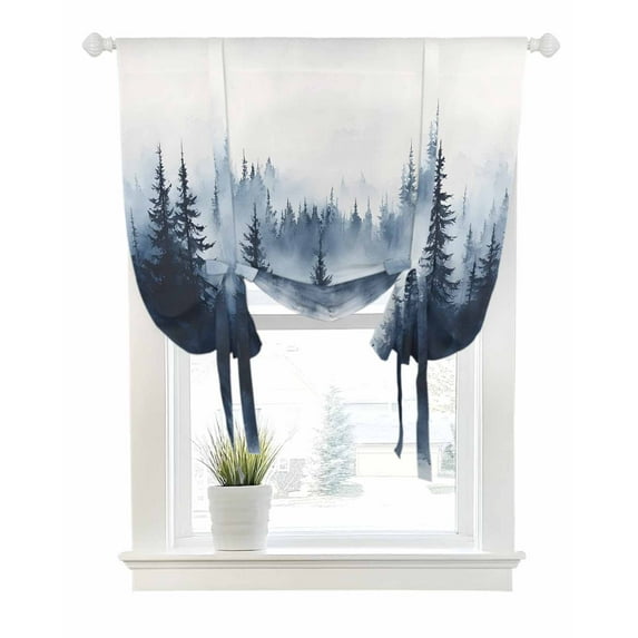 Navy Blue Forest Tie Up Curtains for Window, Thermal Insulated Balloon Shade Adjustable Rod Pocket Curtains Valance Panels for Kitchen Bathroom Cafe 42 x 63 Ombre Tree Abstract Art