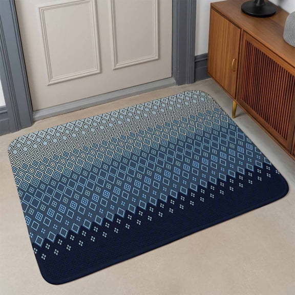 Navy Blue Front Door Mat Indoor Entrance, Gradient Diamond Plaid Absorbent Dirt Resist Welcome Mats Non-Slip Low-Profile Doormat Washable Entry Rug Indoor Outdoor 17x30 Inch