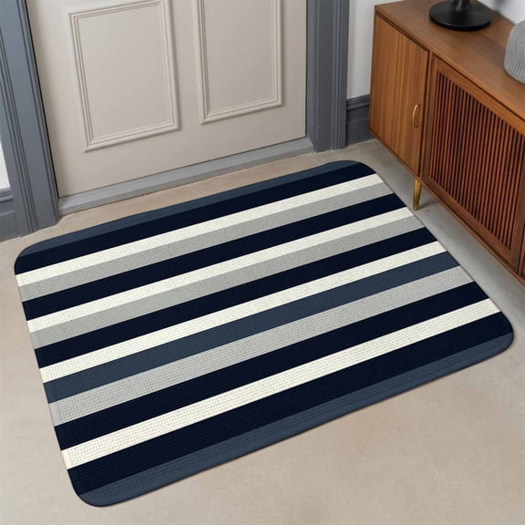 Navy Blue Front Door Mat Indoor Entrance, Grey Black Stripe Abstract Geometric Striped Absorbent Dirt Resist Welcome Mats Non-Slip Low-Profile Doormat Washable Entry Rug Indoor Outdoor 17x30 Inch