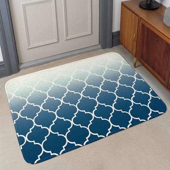 Navy Blue Front Door Mat Indoor Entrance, Moroccan Trellis Abstract Gradient Geometric Absorbent Dirt Resist Welcome Mats Non-Slip Low-Profile Doormat Washable Entry Rug Indoor Outdoor 17x30 Inch